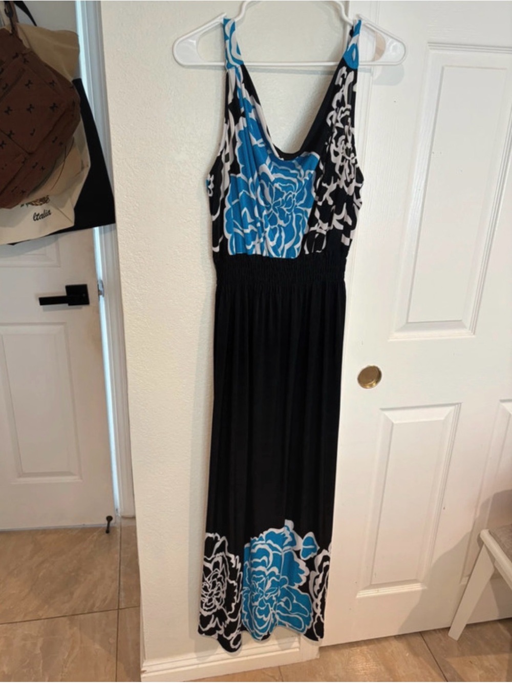 Black Maxi Dress with Blue Floral Bodice and Hem